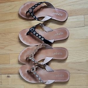 Good Condition 2 pair Size 9 by Report flat flip flops w/gold open circle rivets